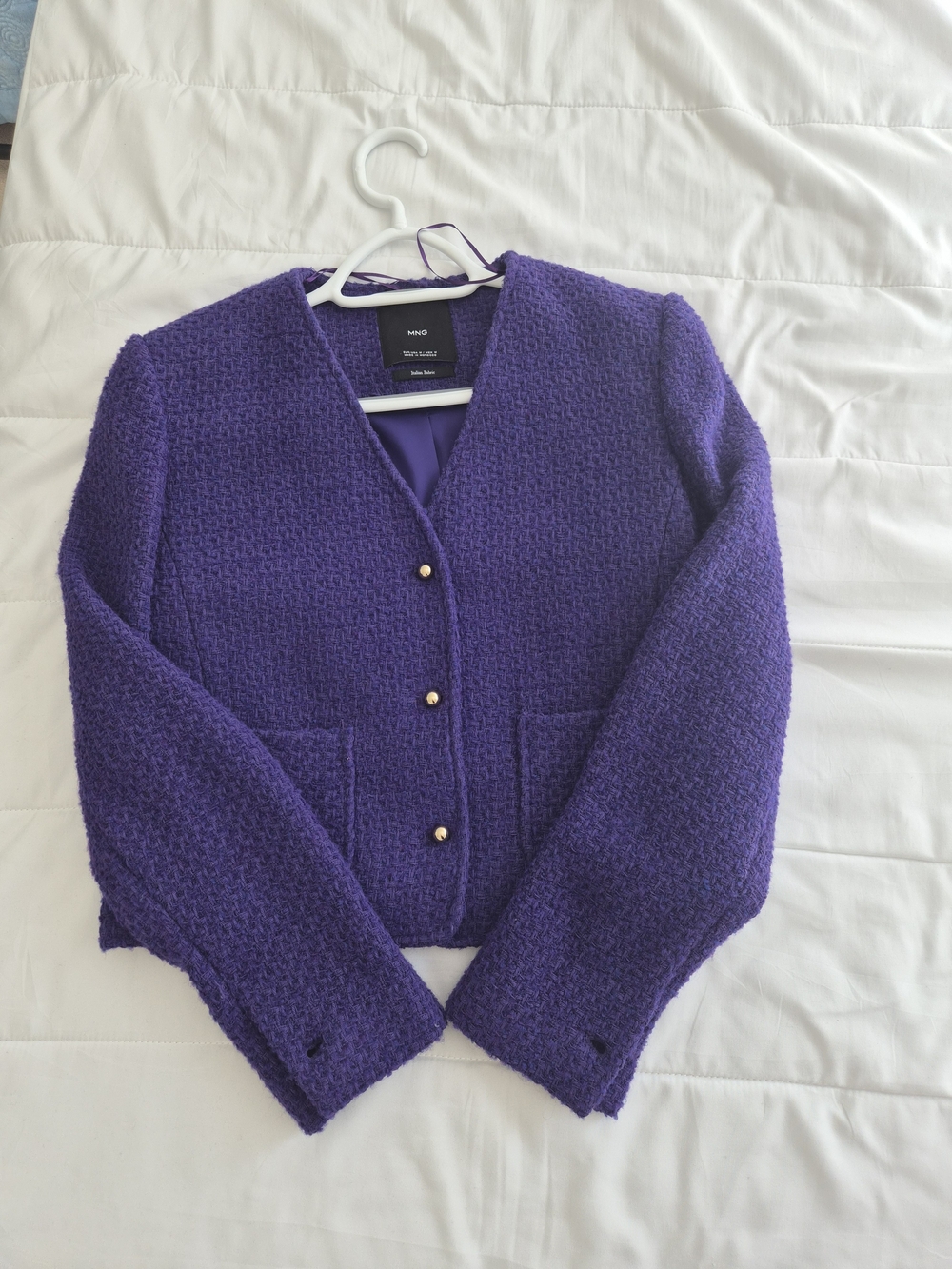 Mango Violet Textured V-Neck Cardigan with Gold Buttons